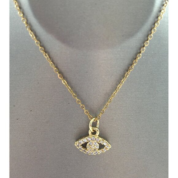 Gold Evil Eye Pendant Necklace With Rhinestone Accents On Thin Chain Adjustable - Picture 2 of 5